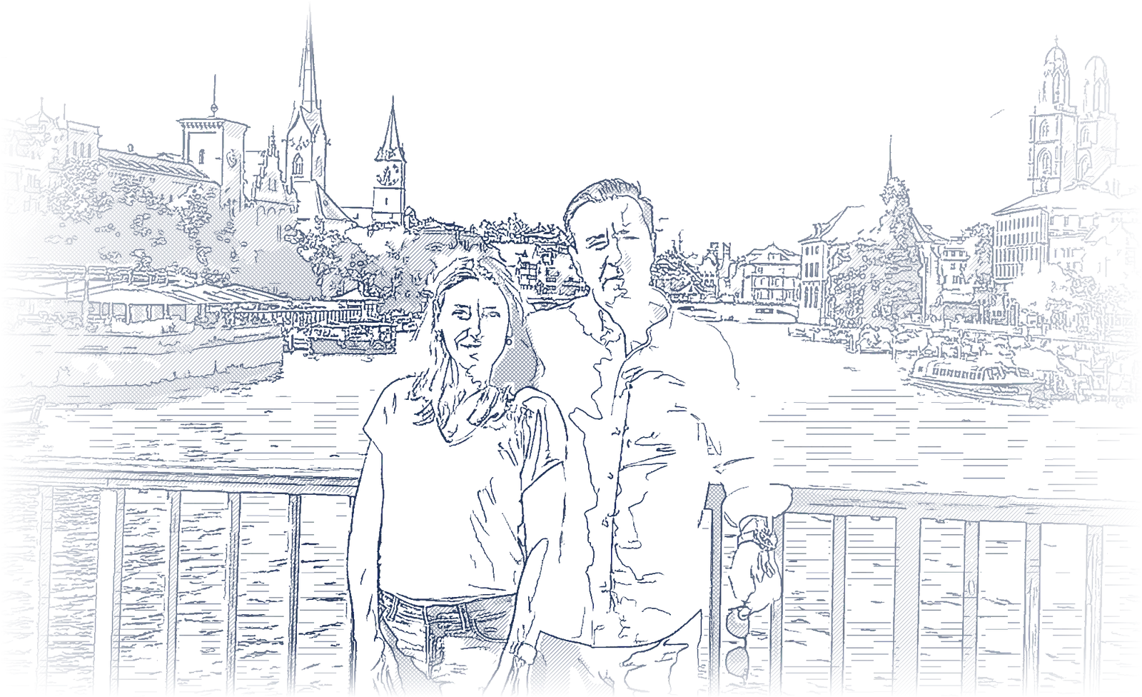 Ink drawing of Elena and Santiago on a bridge over the Limmat, with Zurich behind them