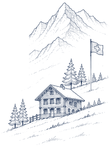 Drawing of a Swiss chalet in the mountains